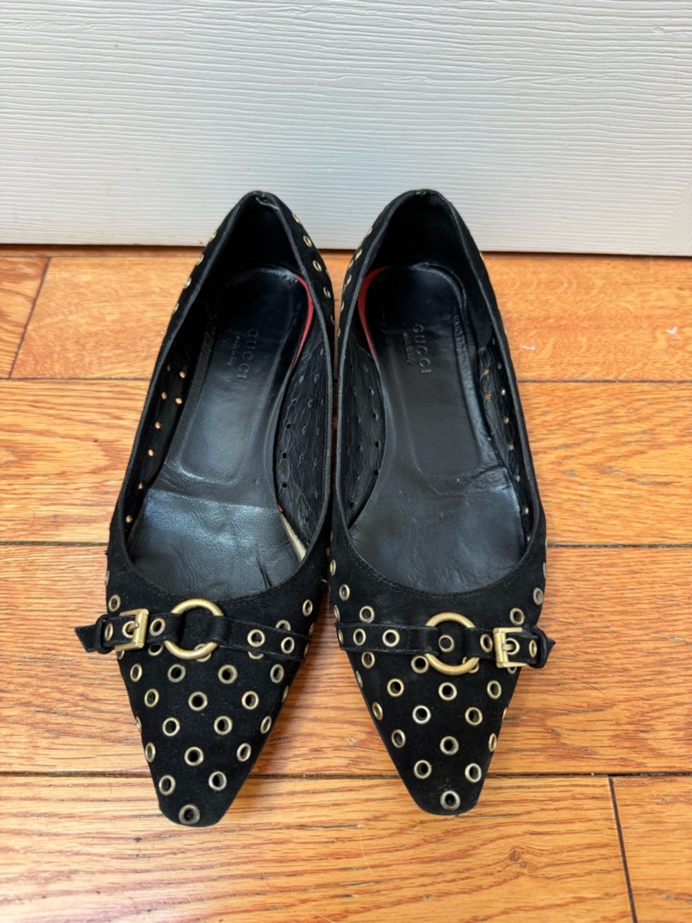 Gucci Black Suede Pointed Toe Flats with Gold Grommet & Buckle Detail